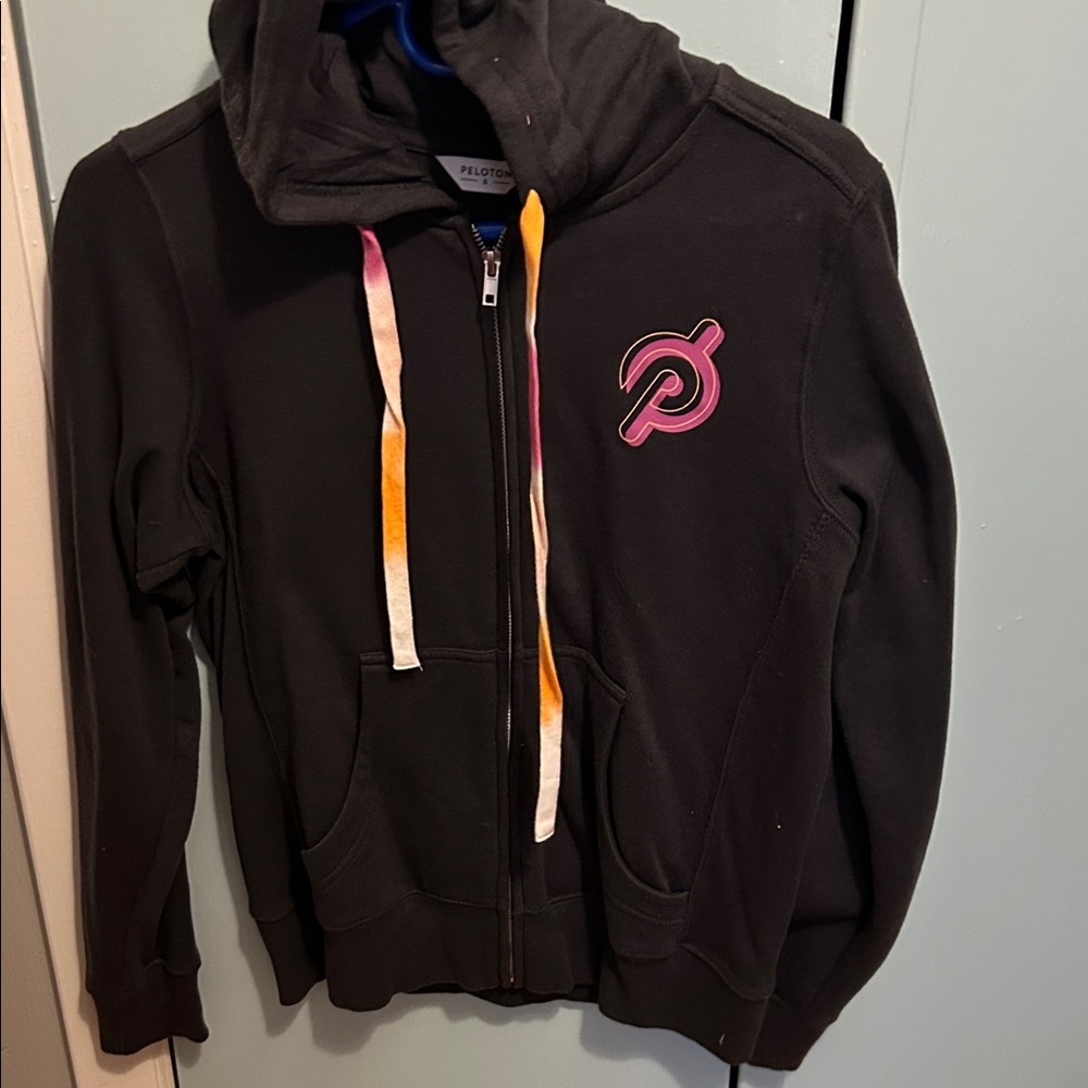 Peloton dark gray Hoodie with Pink Emblem and Colorful Strings
